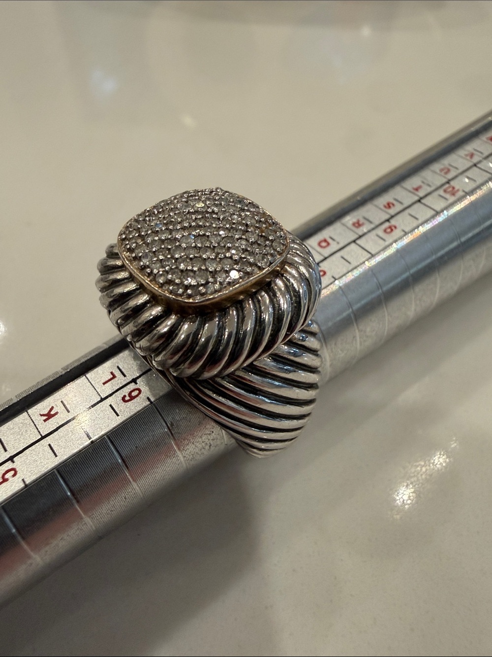 AK silver ring with clear stones, size 7